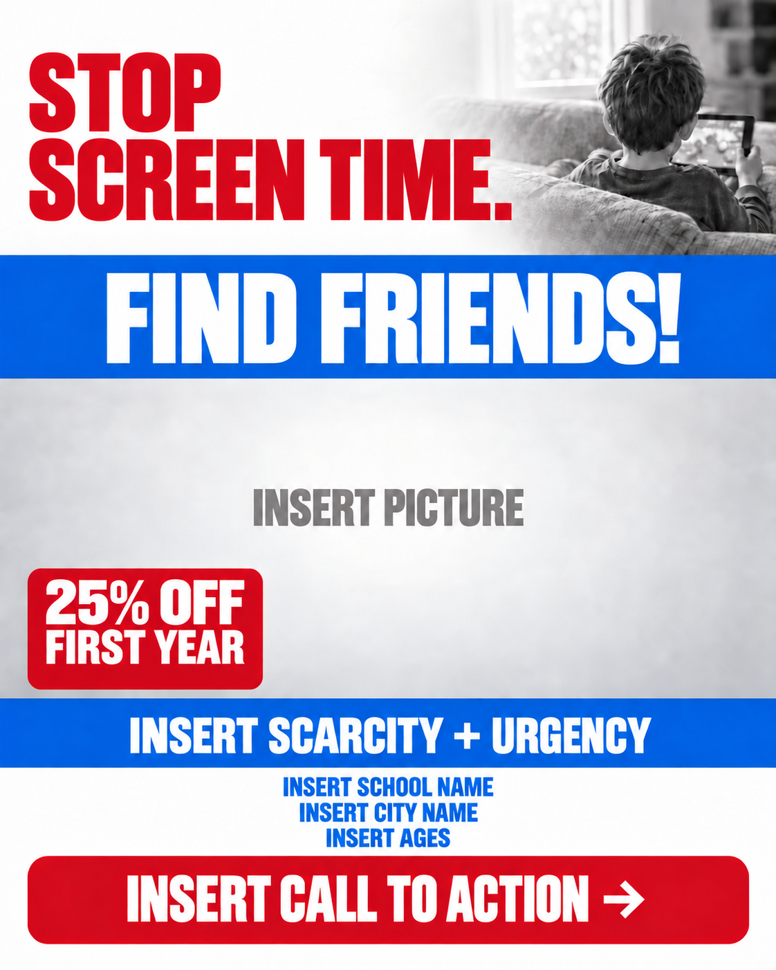 Stop screen time, find friends template with a corner 25 percent off first-year offer.