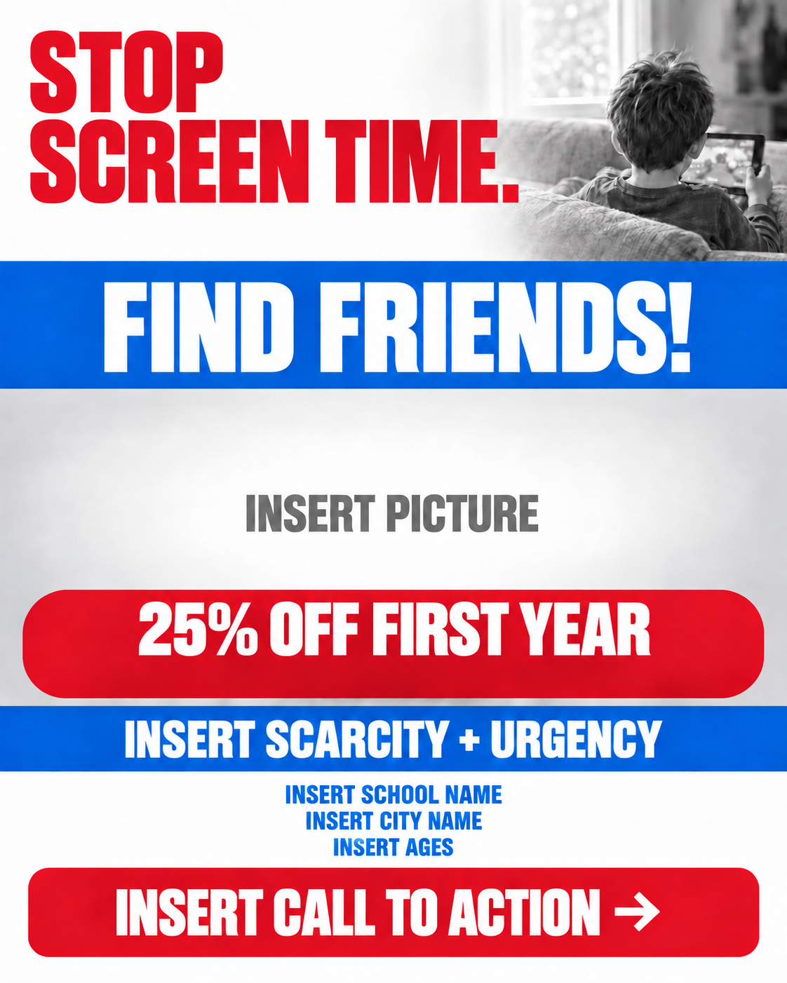 Stop screen time, find friends template with a wide 25 percent off first-year offer.