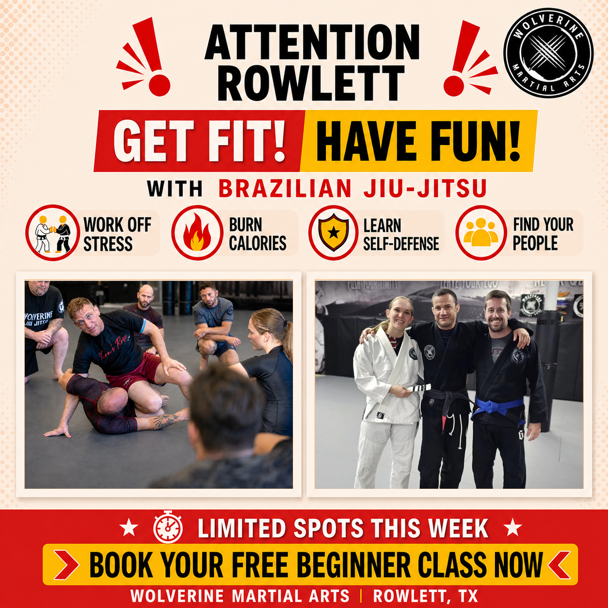 Wolverine adult BJJ design showing a class with a coach and three students at a promotion.
