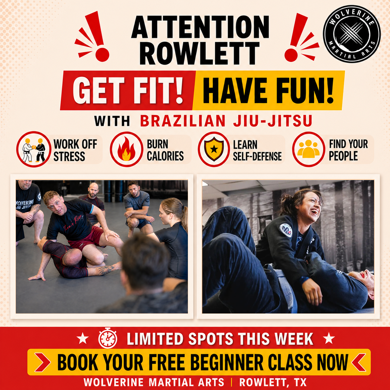 Wolverine adult BJJ design showing a coach teaching class and a woman laughing with her teammate.