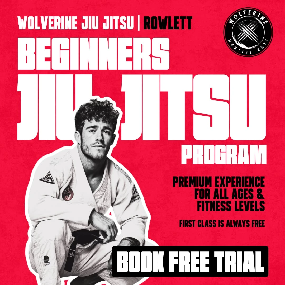 Generic agency beginner jiu jitsu program ad with a man kneeling in a white gi on a red background
