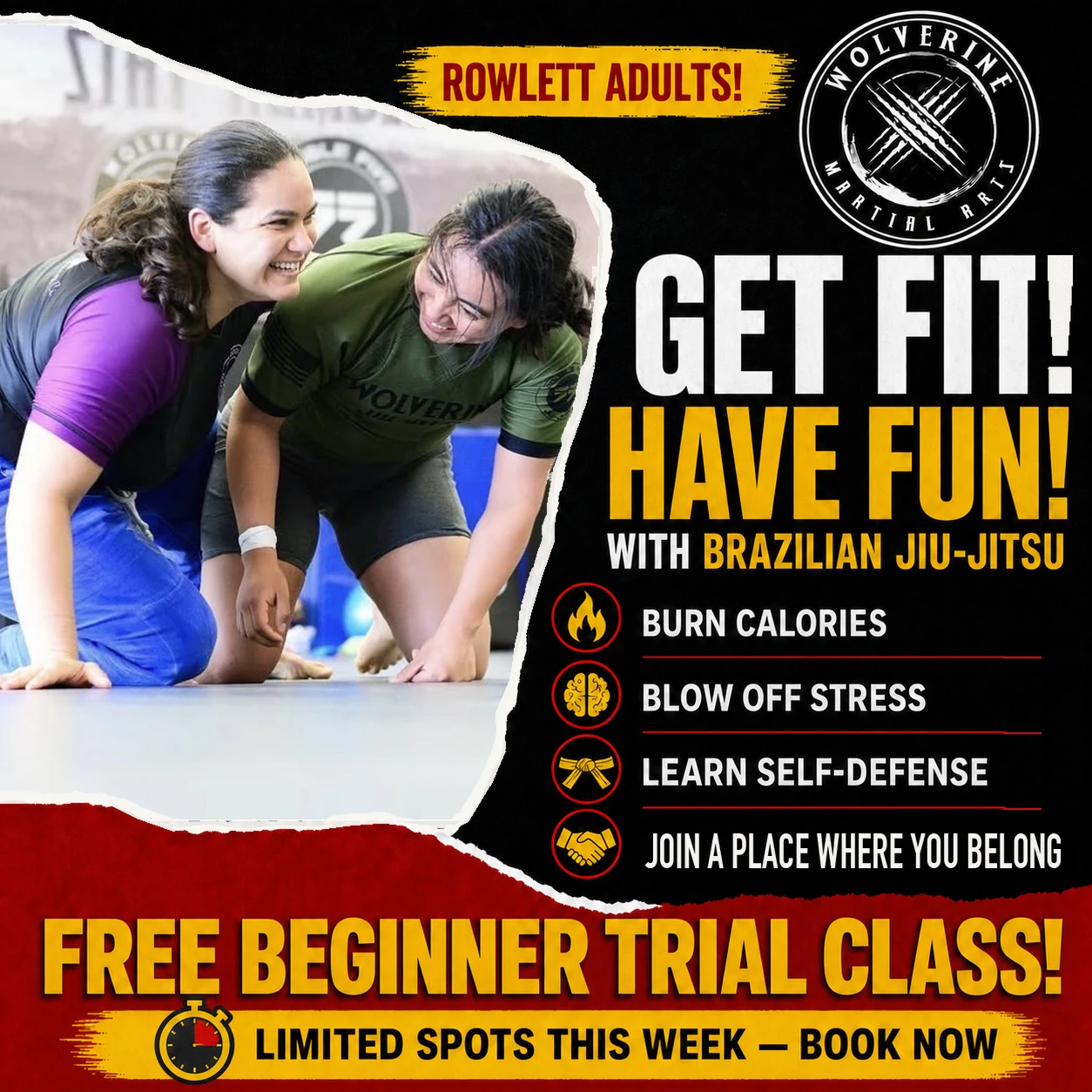 Zylis adult martial arts ad showing two women smiling while training at Wolverine, with fitness, stress relief, self-defense, and belonging