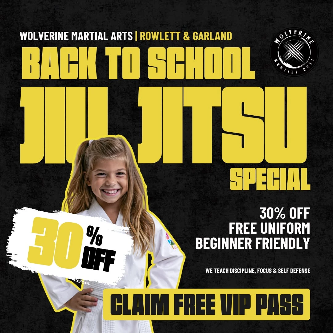 Generic agency kids ad: Back to School Jiu Jitsu Special, 30 percent off and free uniform